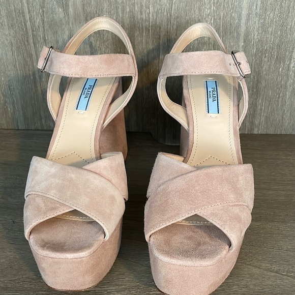 Prada Tan Suede Criss Cross Platform Sandals with Ankle Strap Size 38 (US 8) - Picture 1 of 7